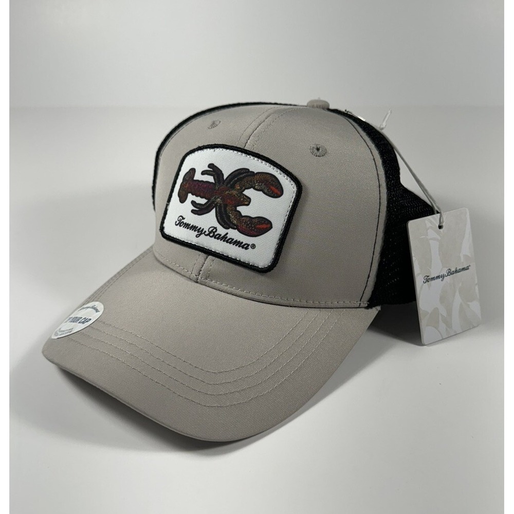 TOMMY BAHAMA "Tip Your Cap" Lobster Patch Trucker Hat Khaki Black Men's *NEW*
